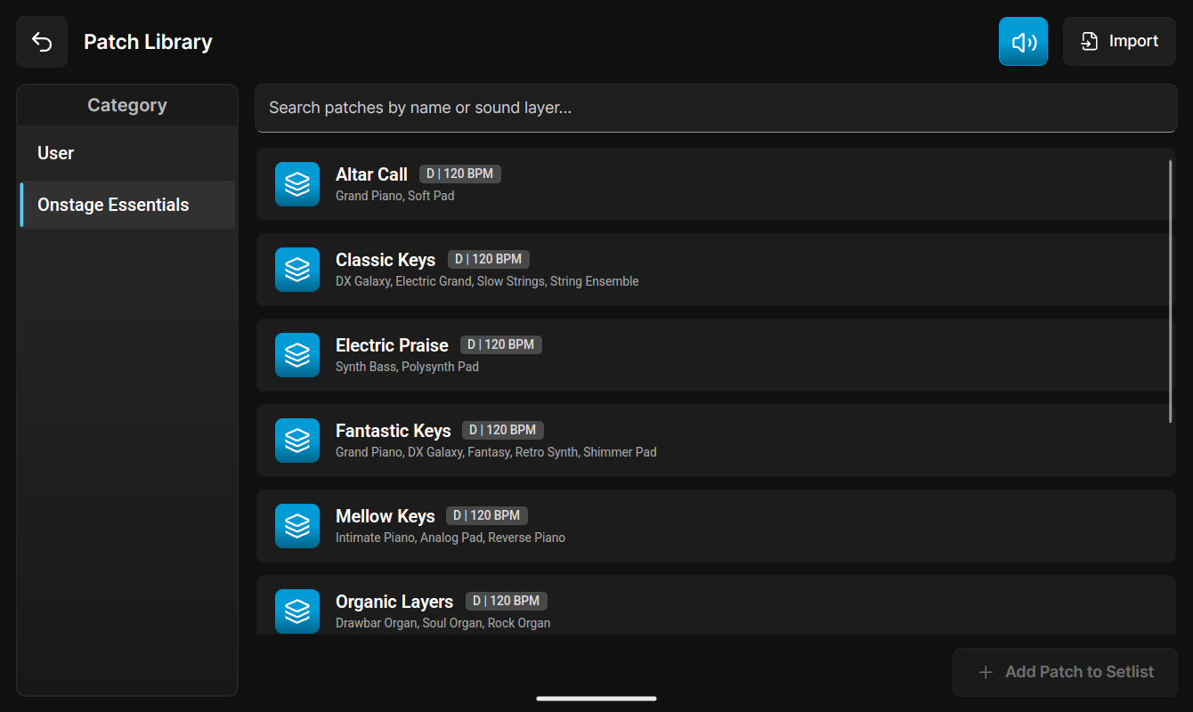 Onstage Patch Library & Setlist View